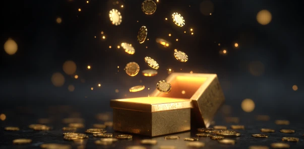 Gouden munten vliegen uit een schatkist bij Kaasino